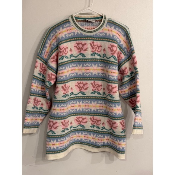 Sycamore Sweaters - Sycamore Vintage Pastel Floral Fair Isle Knit Sweater USA Made Crew Neck Large